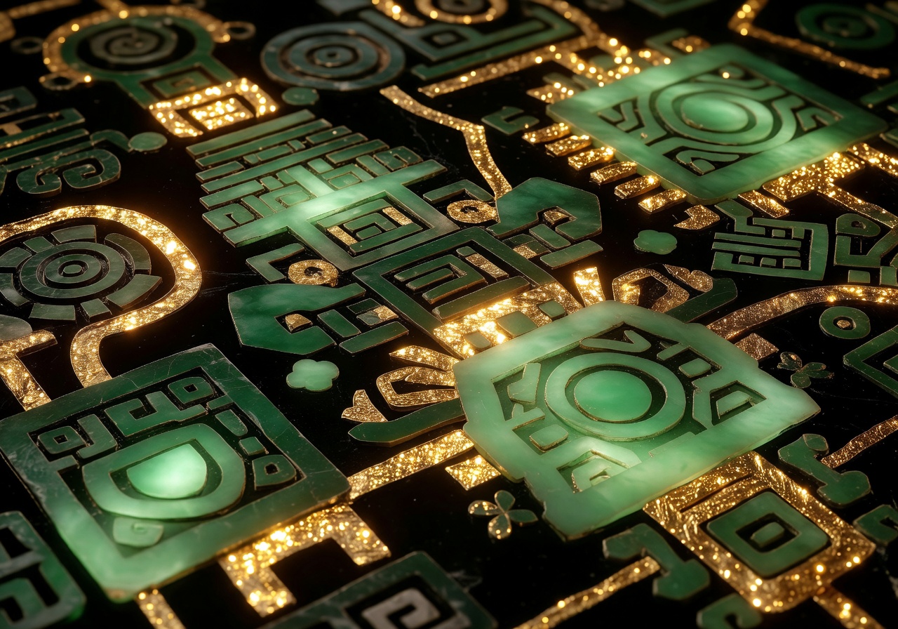 Abstract glowing jade green and gold pattern representing Aztec treasure